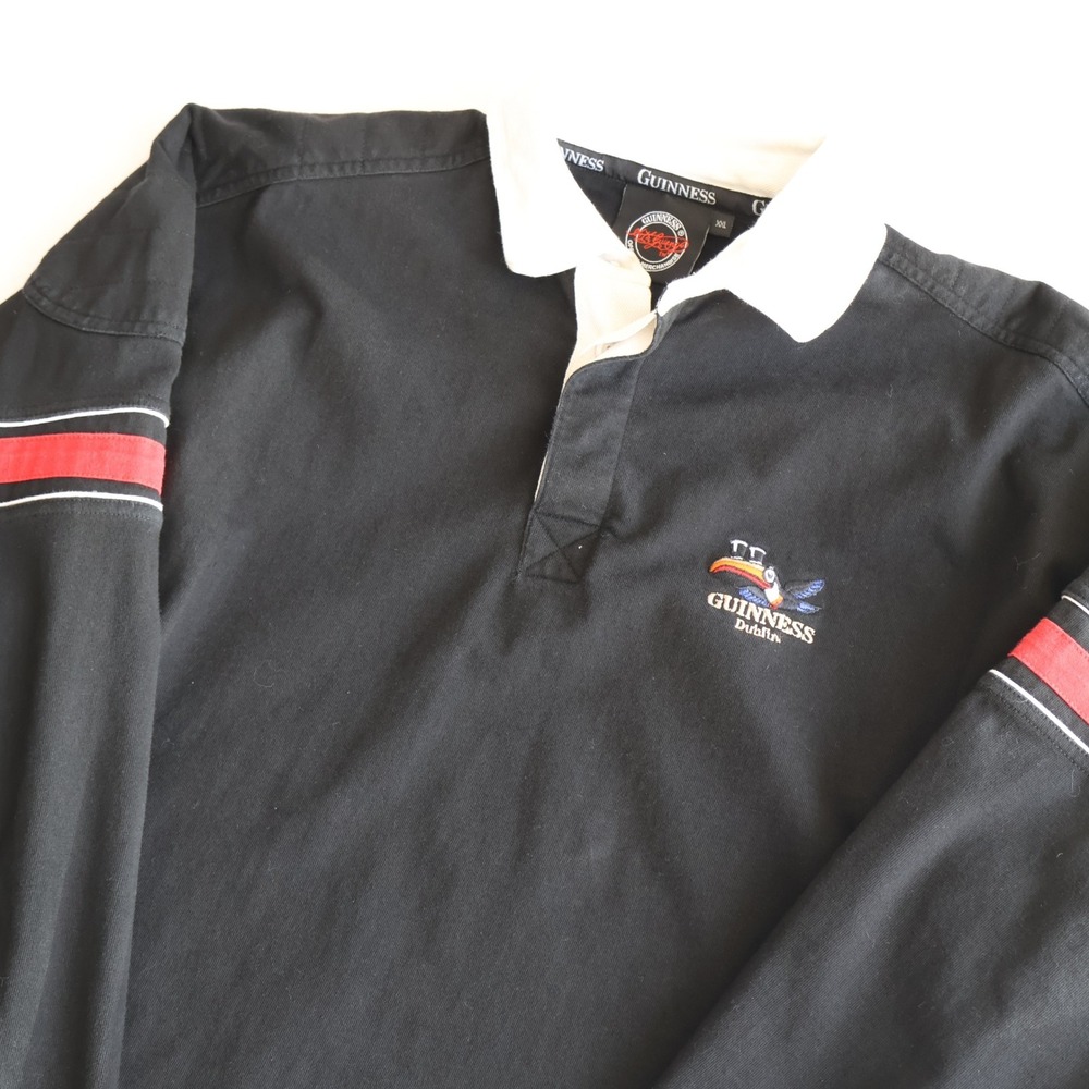 Guiness Dublin Ireland Striped Long Sleeve Rugby Polo Shirt Black Men XXL Y2K